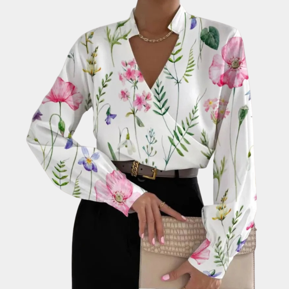 Women's Wrap Blouse - V-Neck Long Sleeve - Abstract Pattern Stylish Fit
