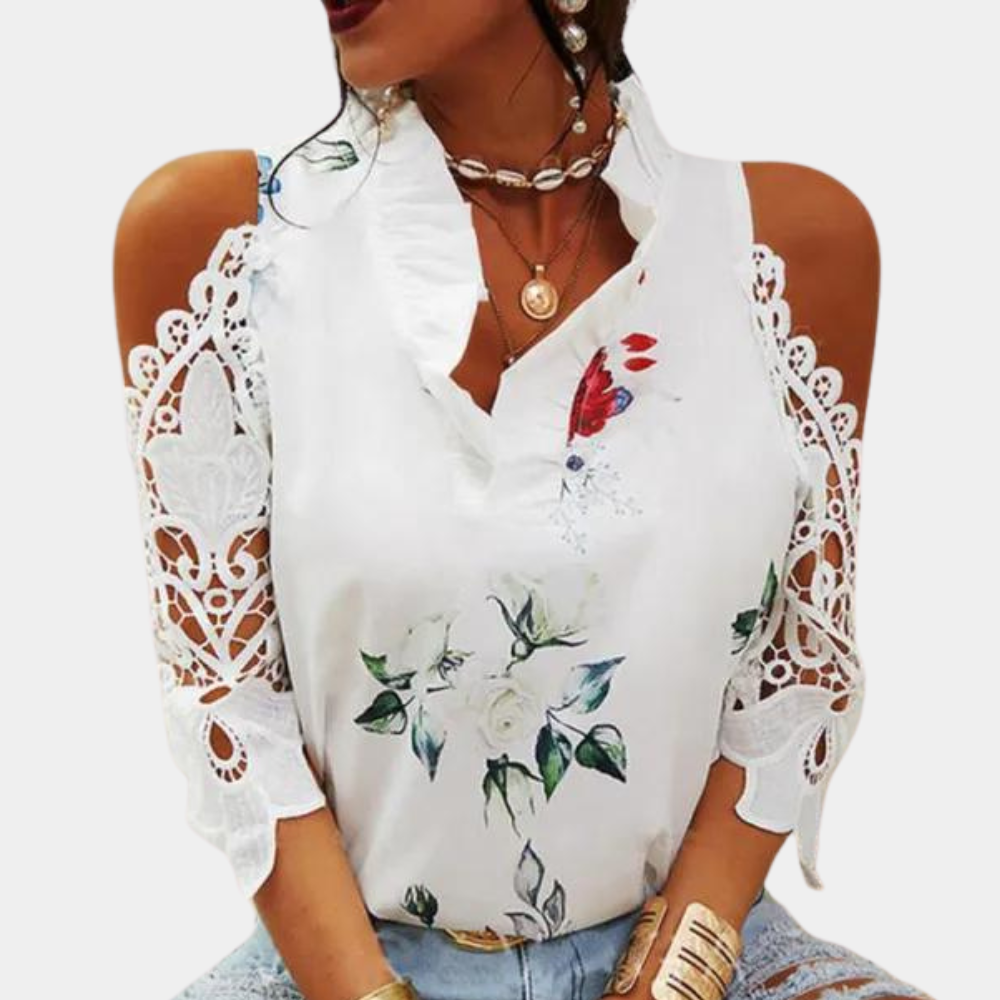 Women's Blouse - Cold Shoulder Lace Sleeve - V-Neck Floral Butterfly Print - Loose Fit
