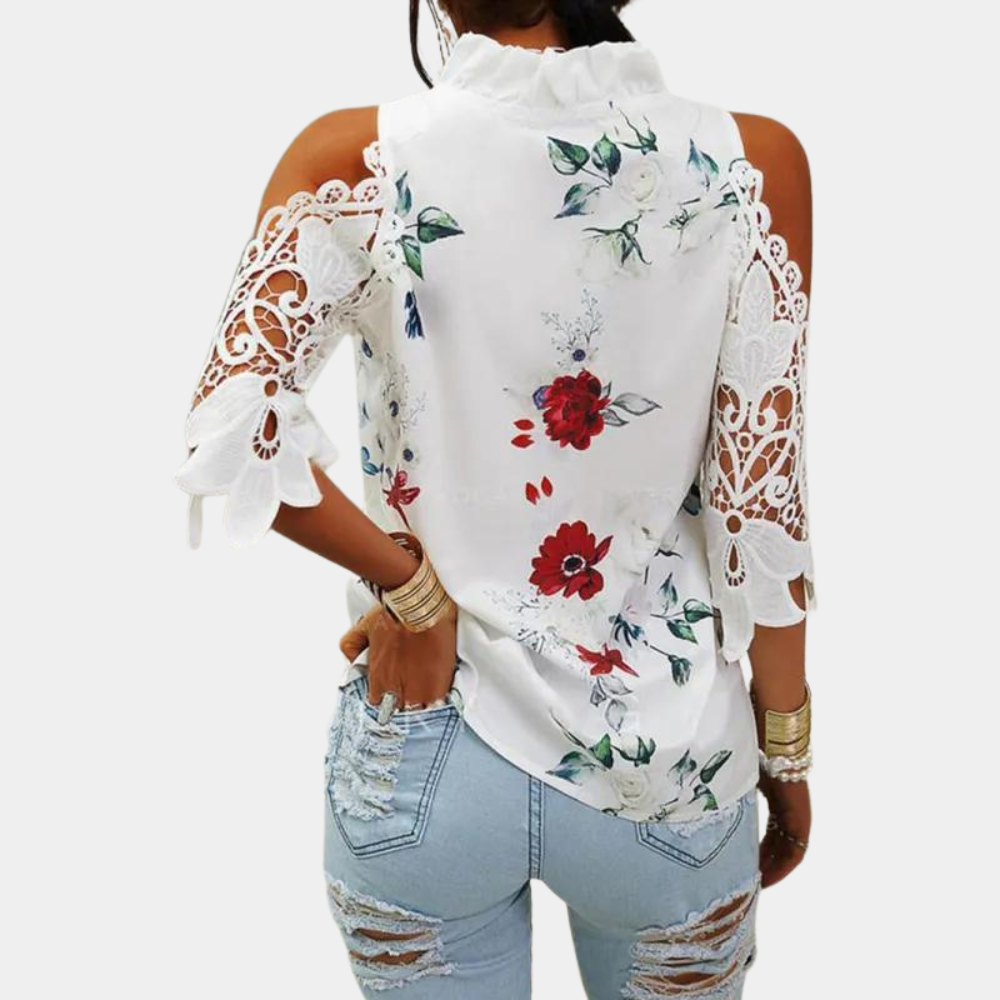 Women's Blouse - Cold Shoulder Lace Sleeve - V-Neck Floral Butterfly Print - Loose Fit