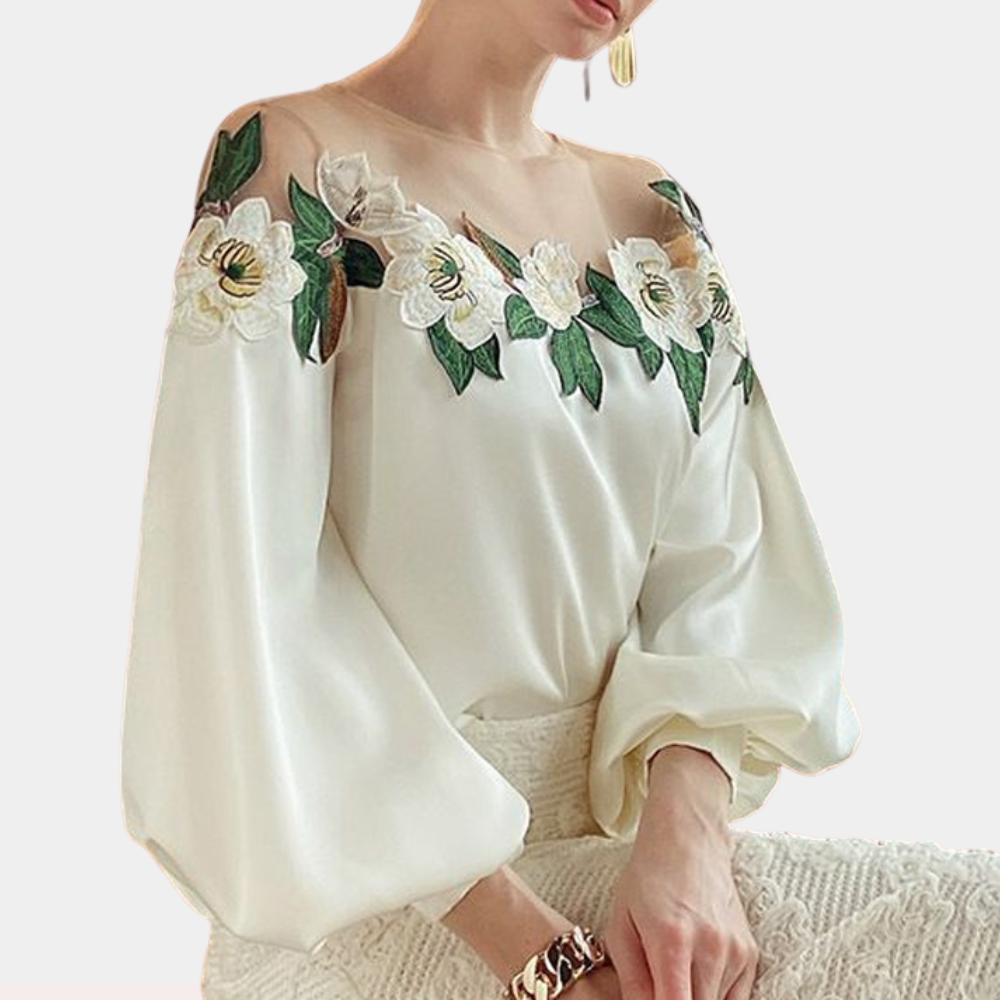 Women's Embroidered Blouse - Sheer Mesh Neckline - Bishop Sleeve Elegant Fit