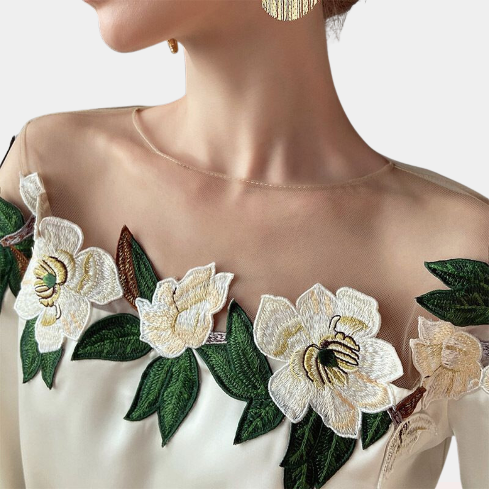 Women's Embroidered Blouse - Sheer Mesh Neckline - Bishop Sleeve Elegant Fit