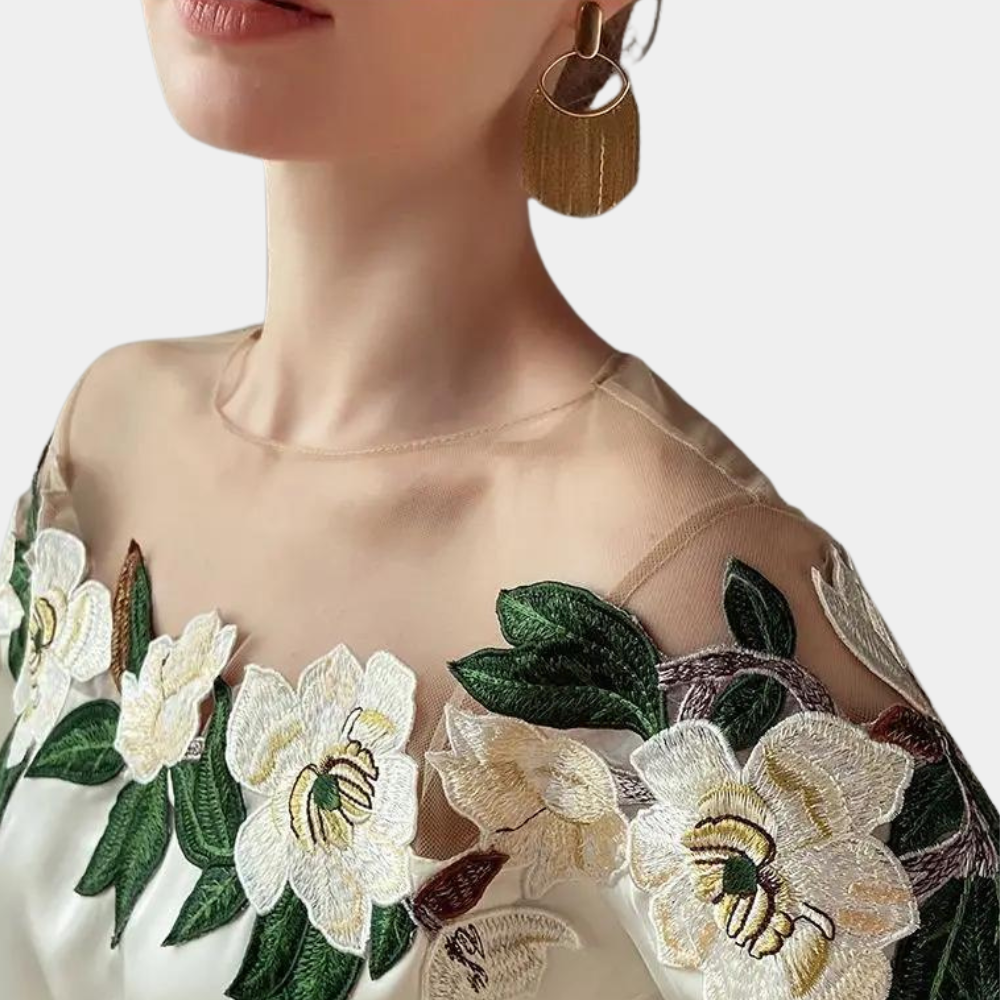 Women's Embroidered Blouse - Sheer Mesh Neckline - Bishop Sleeve Elegant Fit