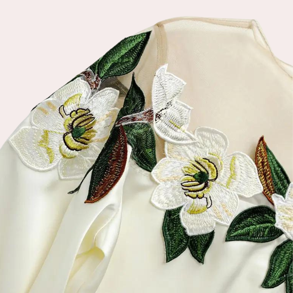 Women's Embroidered Blouse - Sheer Mesh Neckline - Bishop Sleeve Elegant Fit