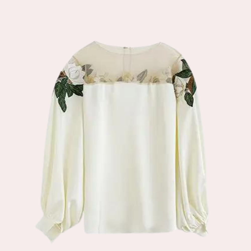 Women's Embroidered Blouse - Sheer Mesh Neckline - Bishop Sleeve Elegant Fit