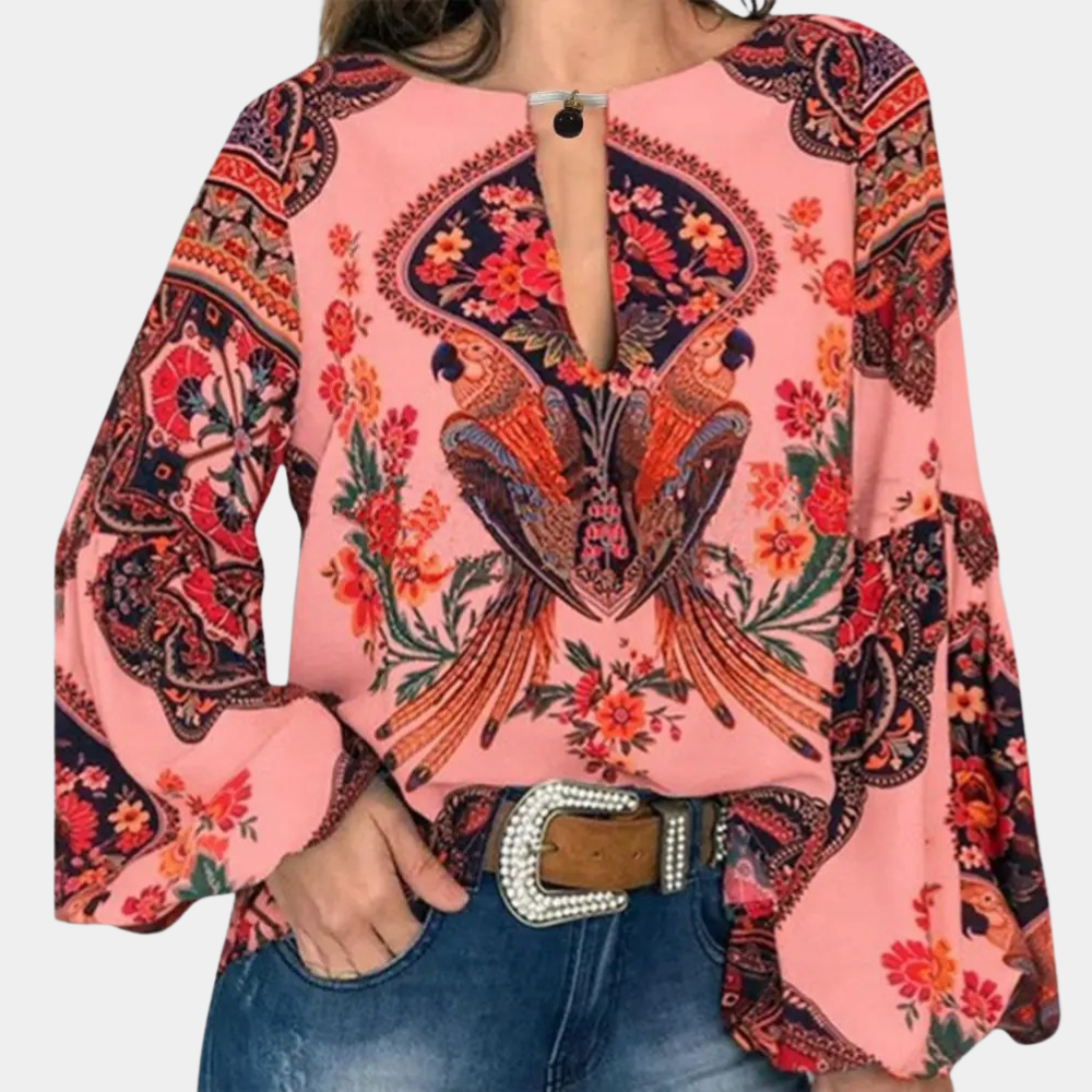 Women's Boho Blouse - V-Neck Button Closure - Long Sleeve Loose Fit Floral Print