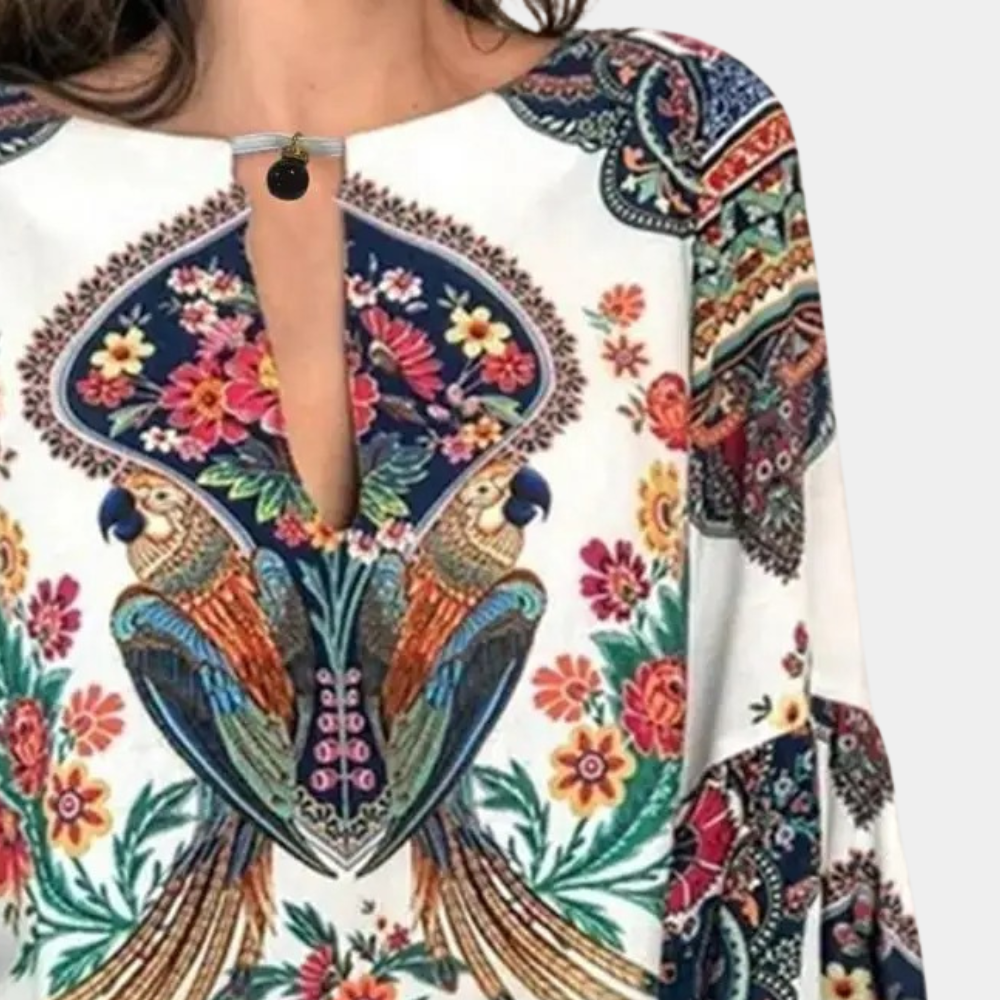 Women's Boho Blouse - V-Neck Button Closure - Long Sleeve Loose Fit Floral Print
