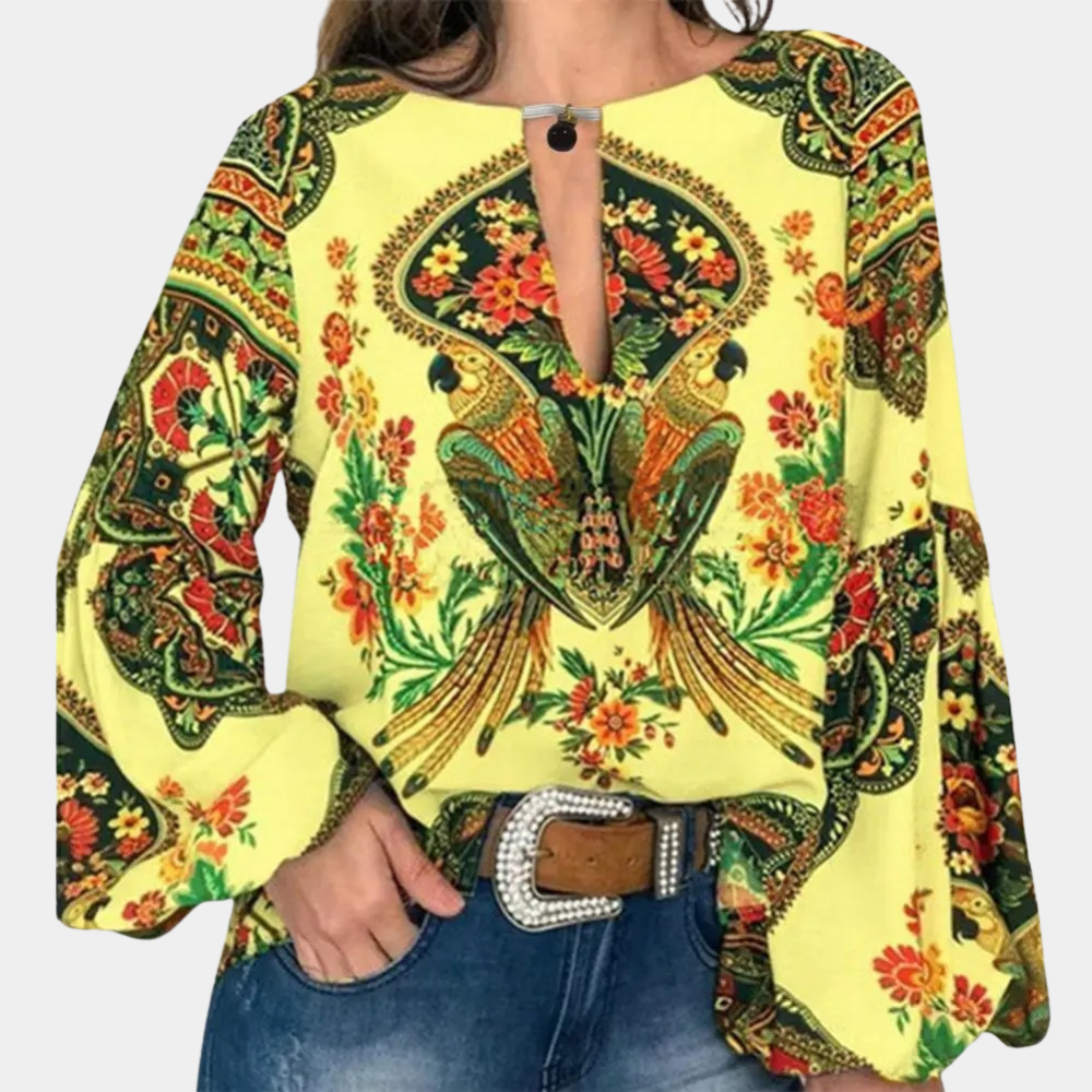 Women's Boho Blouse - V-Neck Button Closure - Long Sleeve Loose Fit Floral Print