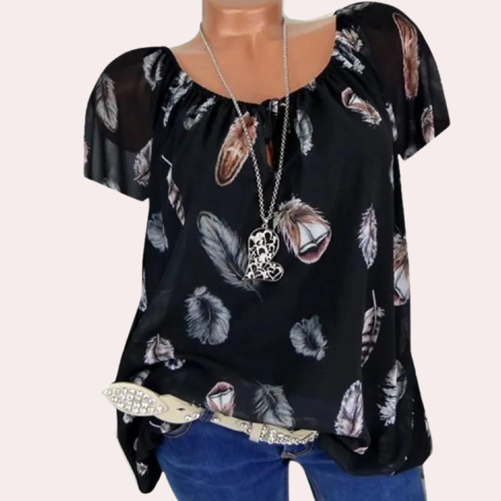 Women's loose feather print v-neck half sleeve chiffon shirt