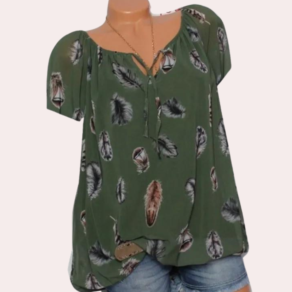 Women's loose feather print v-neck half sleeve chiffon shirt