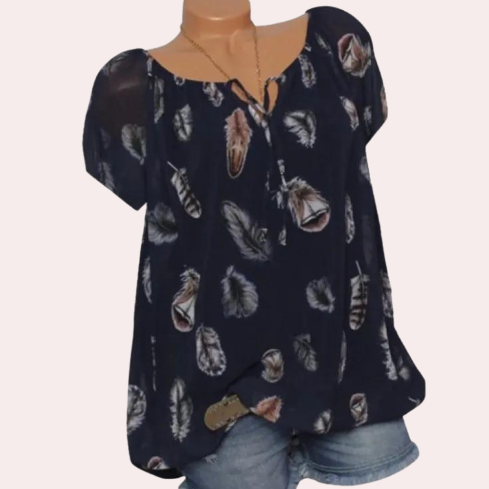 Women's loose feather print v-neck half sleeve chiffon shirt