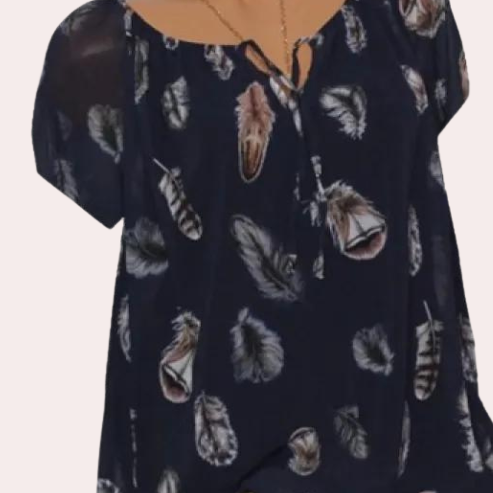 Women's loose feather print v-neck half sleeve chiffon shirt