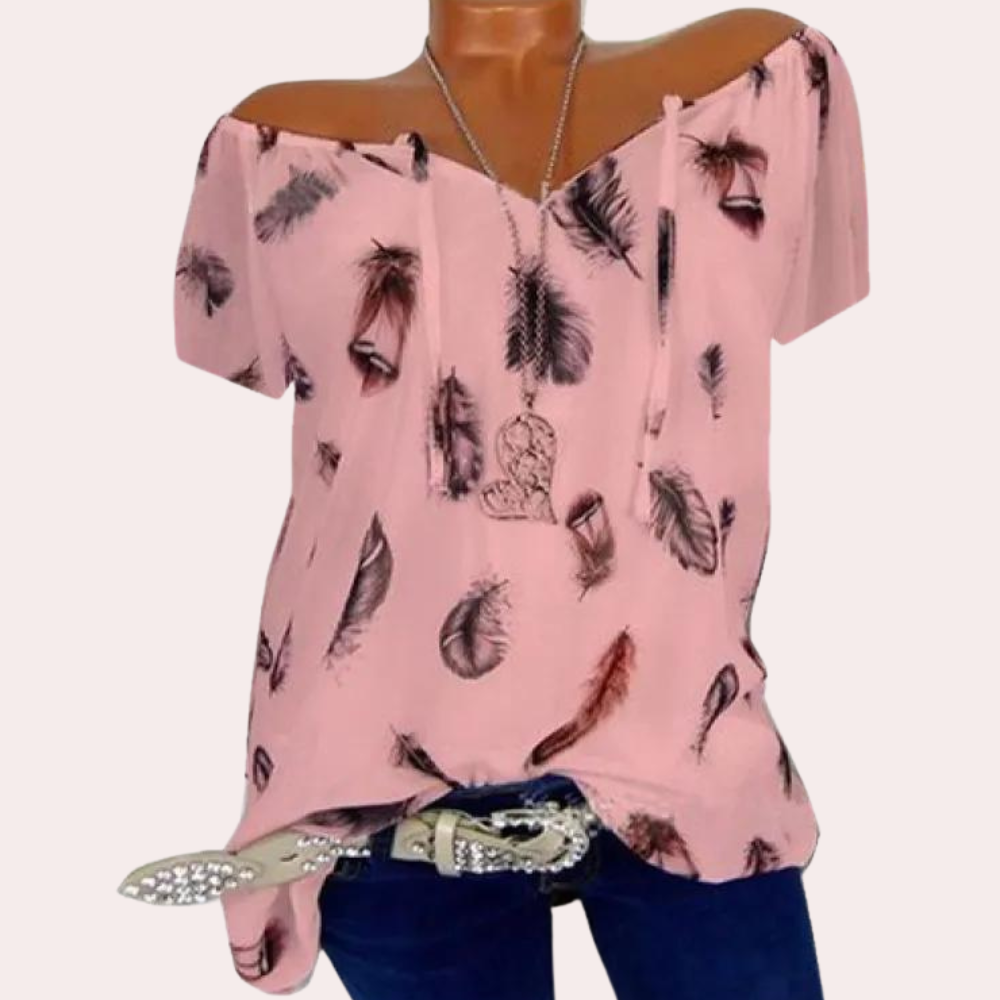 Women's loose feather print v-neck half sleeve chiffon shirt