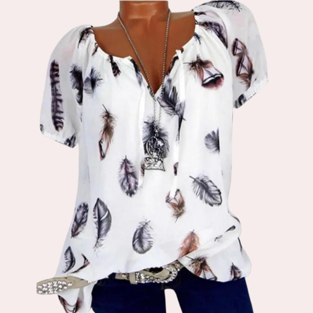 Women's loose feather print v-neck half sleeve chiffon shirt