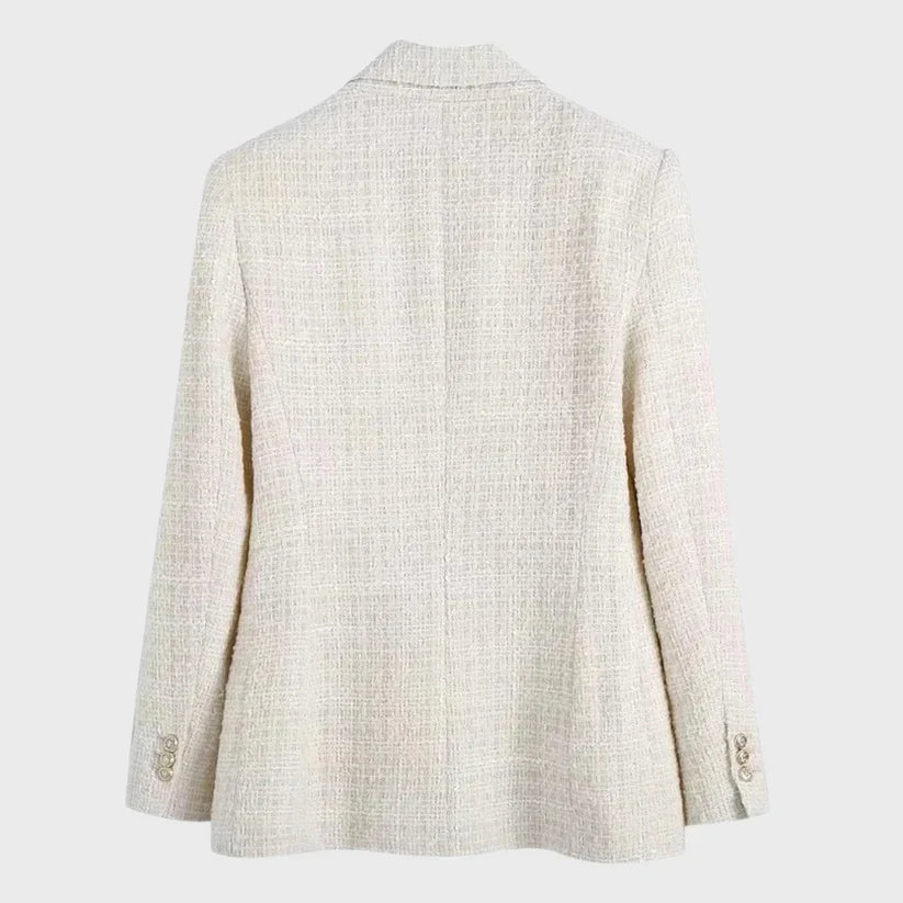 Women’s Blazer – Double-Breasted Tailored Fit – Notched Lapels – Textured Weave – Flap Pockets