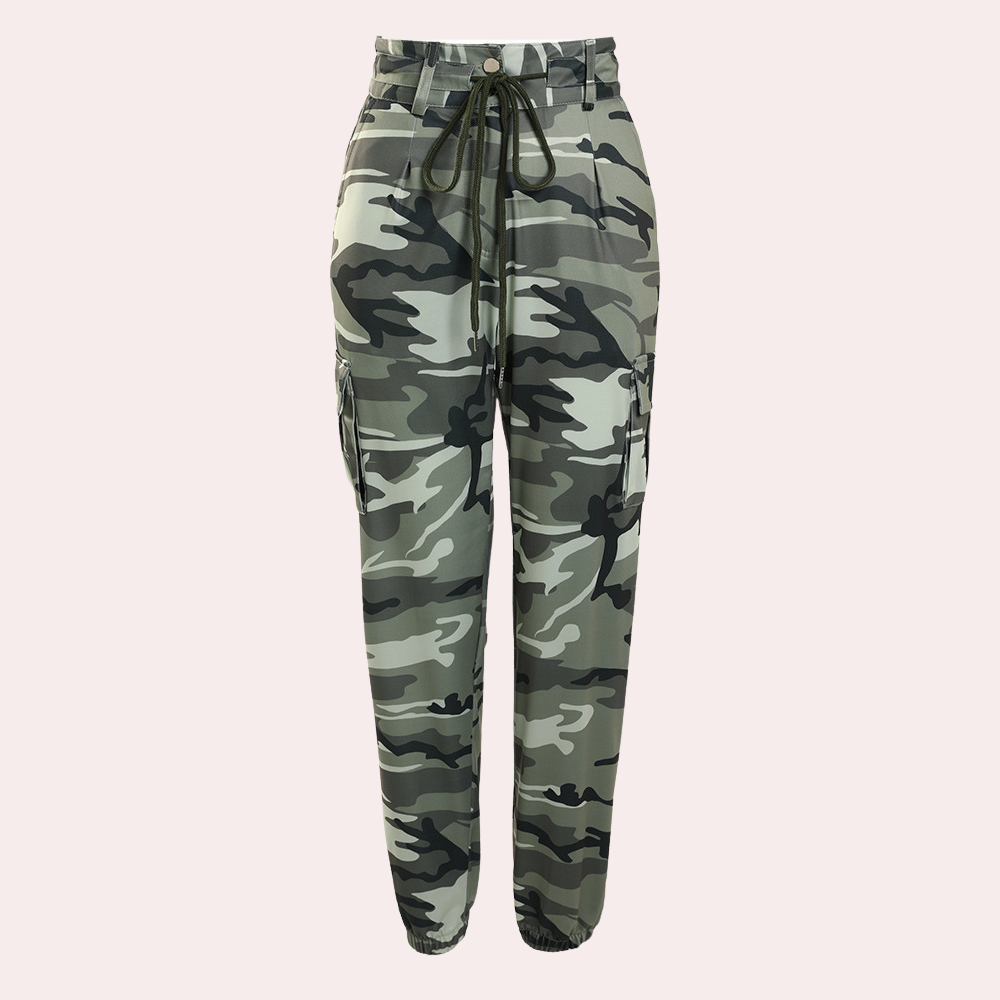 Women’s Cargo Pants - Relaxed Fit - Camouflage Print - Drawstring Waist - Elastic Cuff