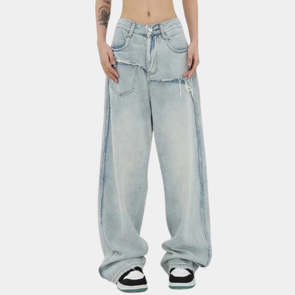 Women's trendy straight leg nine-point trousers jeans with washed effect