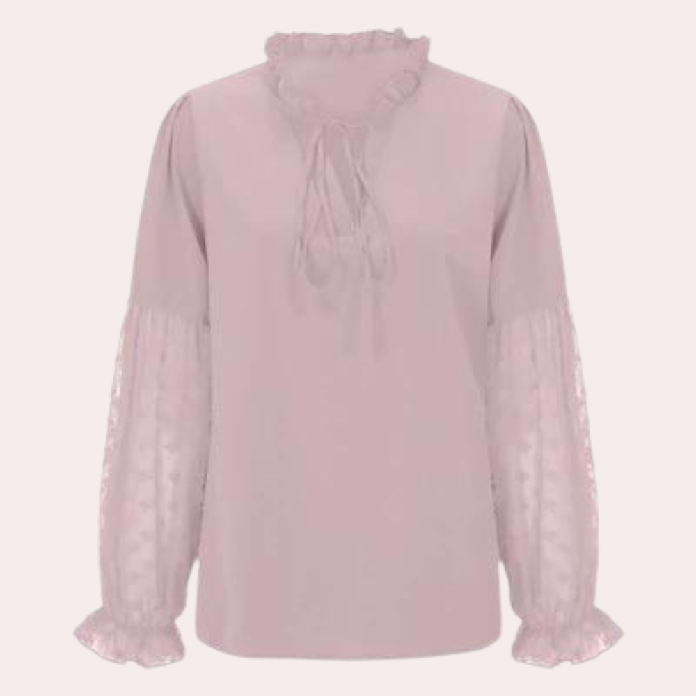 Women's Blouse - V-Neck Tie Front - Sheer Lace Balloon Sleeves - Relaxed Fit