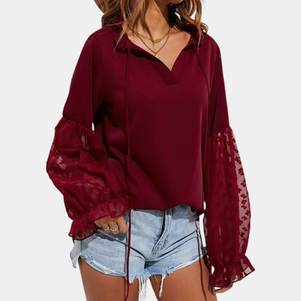 Women's Blouse - V-Neck Tie Front - Sheer Lace Balloon Sleeves - Relaxed Fit