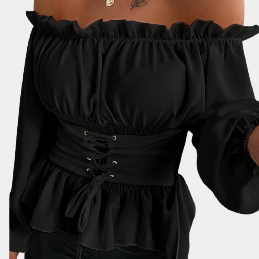 Women's Off-Shoulder Blouse - Ruffled Neckline - Lace-Up Corset Waist - Peplum Hem