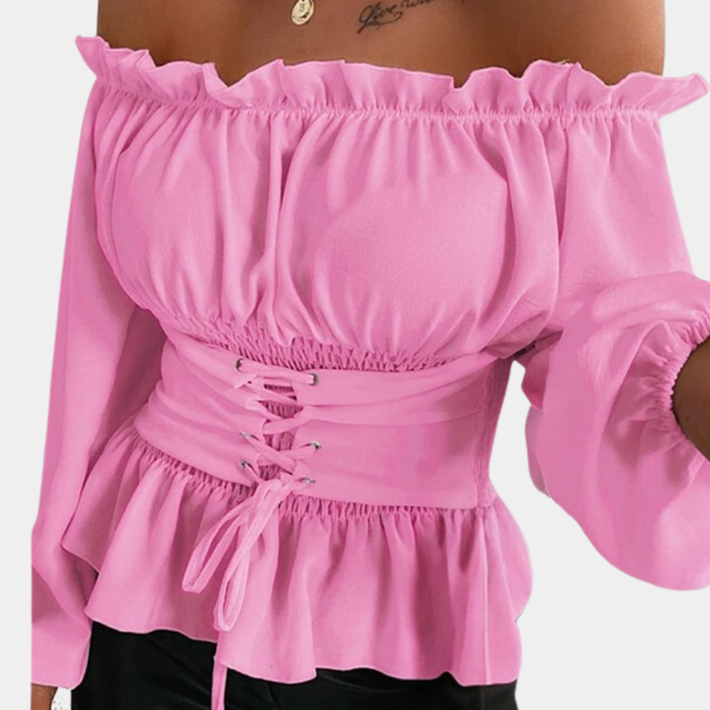 Women's Off-Shoulder Blouse - Ruffled Neckline - Lace-Up Corset Waist - Peplum Hem