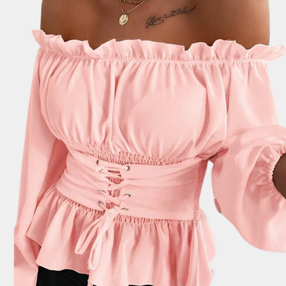 Women's Off-Shoulder Blouse - Ruffled Neckline - Lace-Up Corset Waist - Peplum Hem