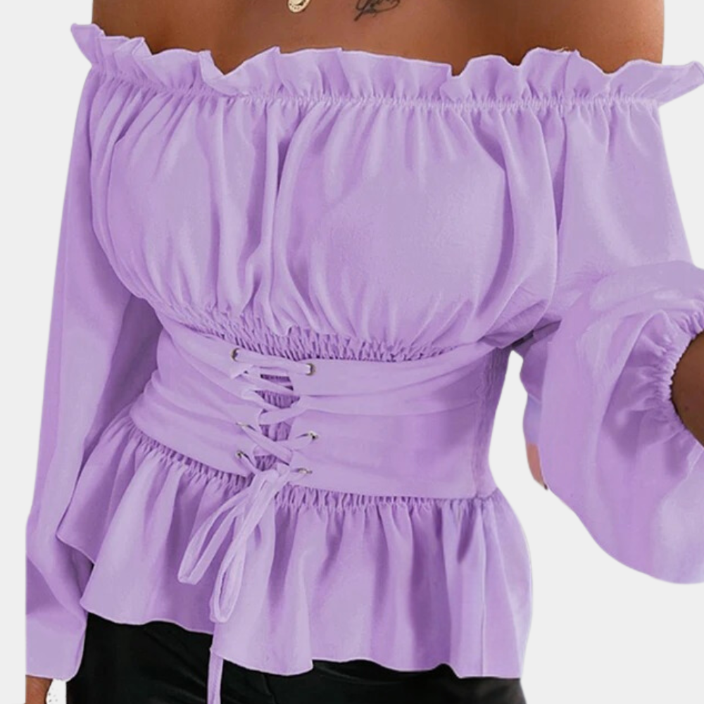Women's Off-Shoulder Blouse - Ruffled Neckline - Lace-Up Corset Waist - Peplum Hem