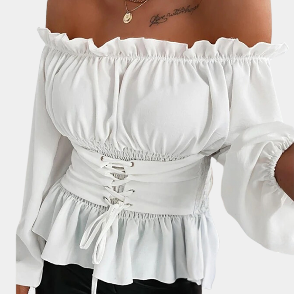 Women's Off-Shoulder Blouse - Ruffled Neckline - Lace-Up Corset Waist - Peplum Hem