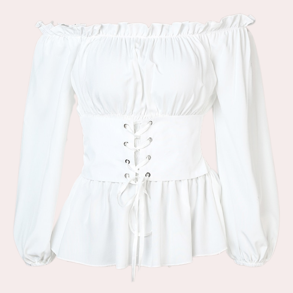 Women's Off-Shoulder Blouse - Ruffled Neckline - Lace-Up Corset Waist - Peplum Hem