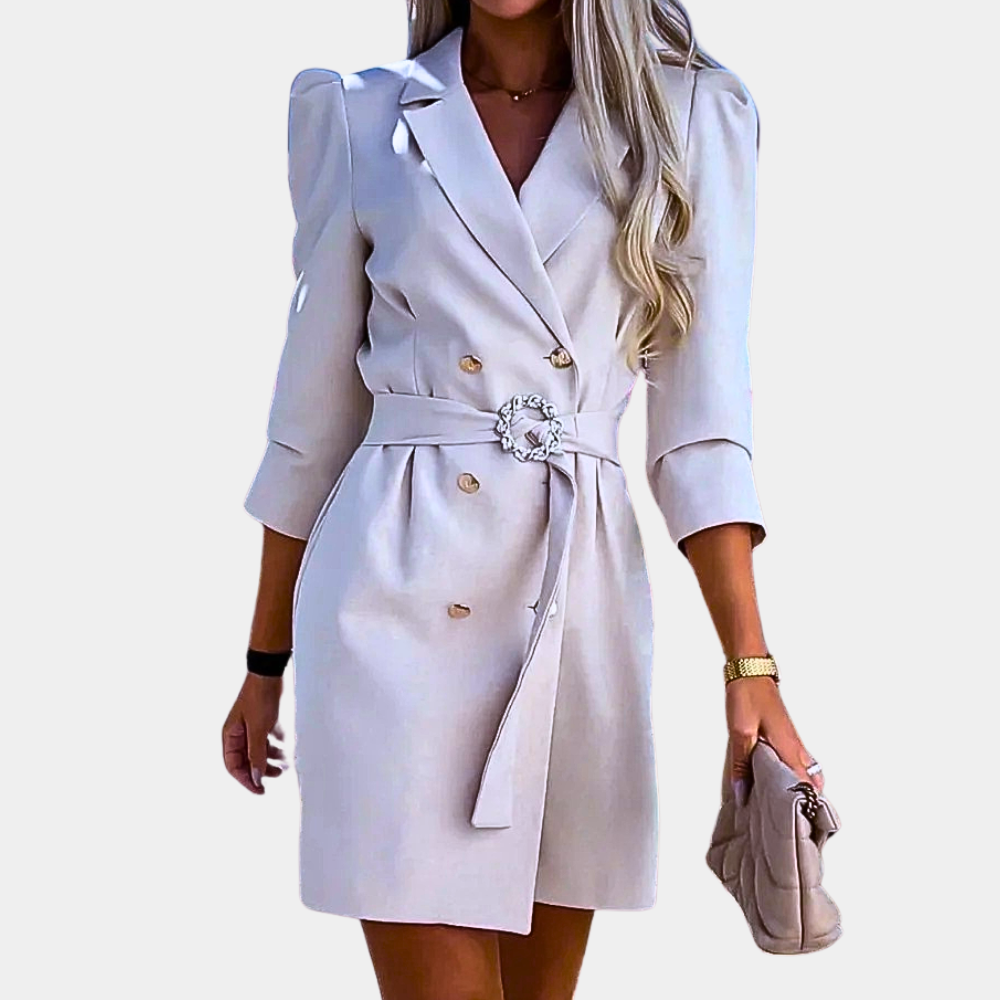 Women's Blazer Dress - Double-Breasted Tailored Fit - Belted Waist - 3/4 Sleeve Formal Wear