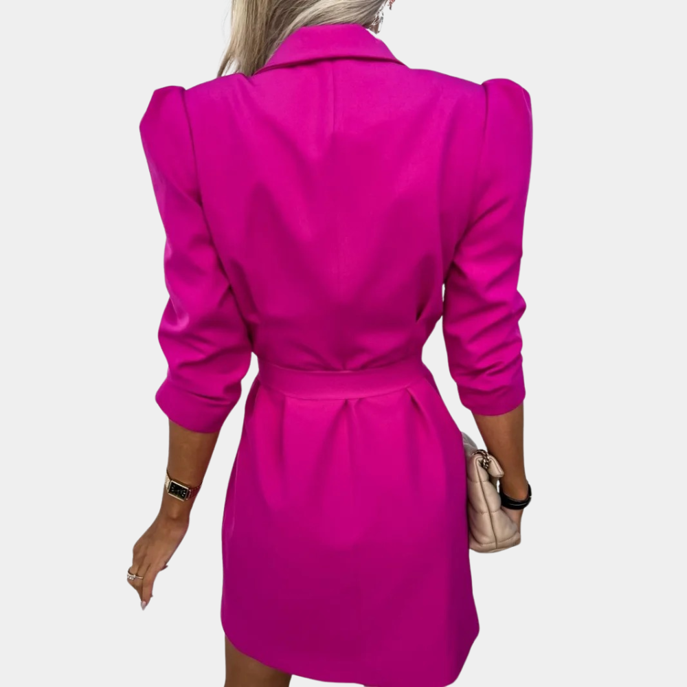 Women's Blazer Dress - Double-Breasted Tailored Fit - Belted Waist - 3/4 Sleeve Formal Wear
