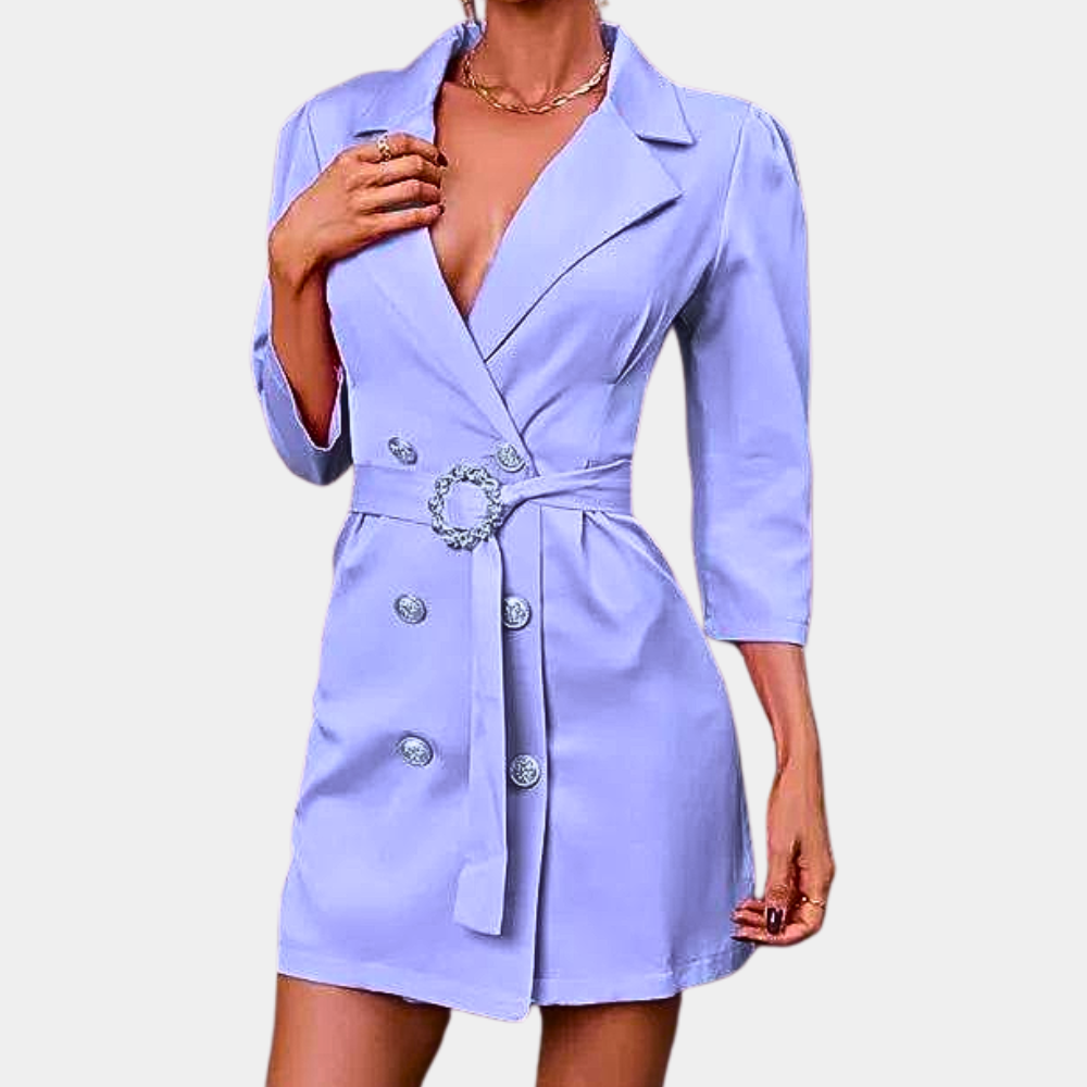 Women's Blazer Dress - Double-Breasted Tailored Fit - Belted Waist - 3/4 Sleeve Formal Wear