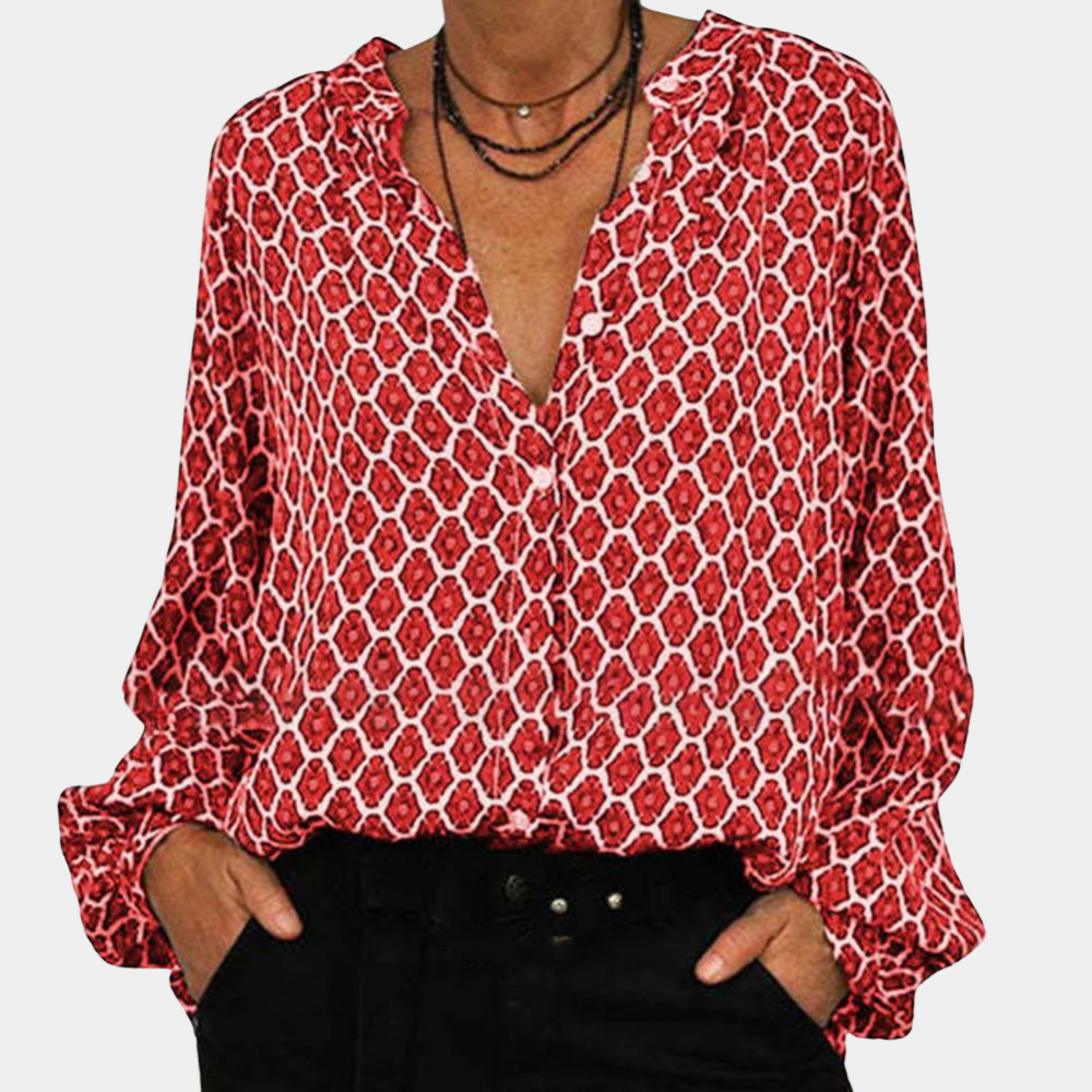 Women's Blouse - V-Neck Button-Up - Long Sleeve Loose Fit - Geometric Pattern