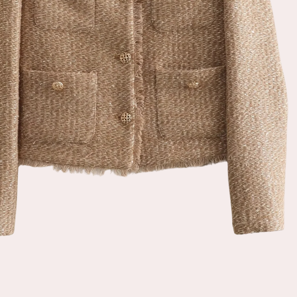 Women’s Tweed Jacket – Tailored Fit – Front Pockets – Frayed Hem – Long Sleeve