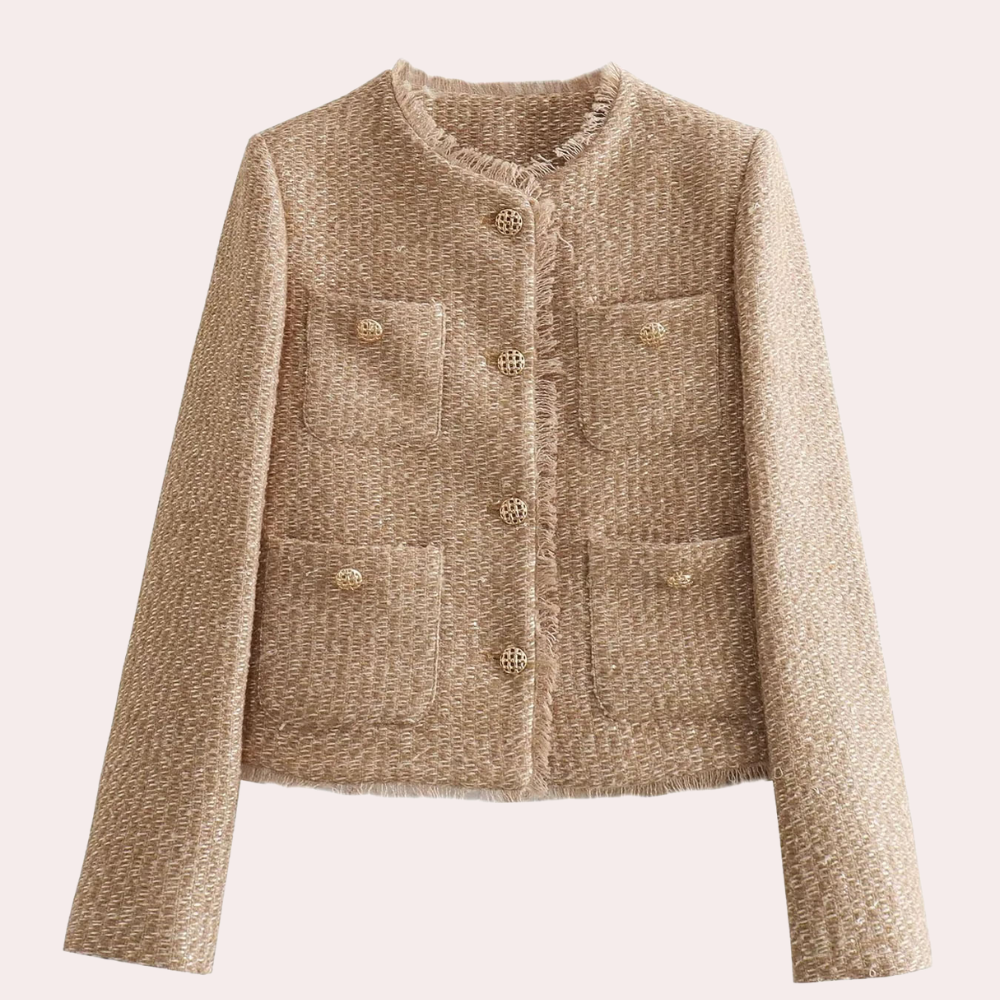 Women’s Tweed Jacket – Tailored Fit – Front Pockets – Frayed Hem – Long Sleeve