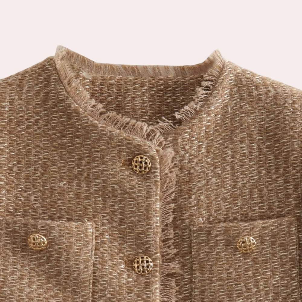 Women’s Tweed Jacket – Tailored Fit – Front Pockets – Frayed Hem – Long Sleeve