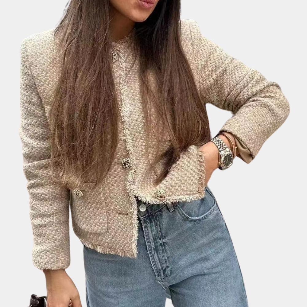 Women’s Tweed Jacket – Tailored Fit – Front Pockets – Frayed Hem – Long Sleeve