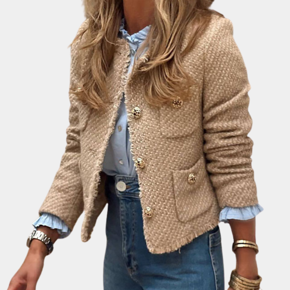 Women’s Tweed Jacket – Tailored Fit – Front Pockets – Frayed Hem – Long Sleeve