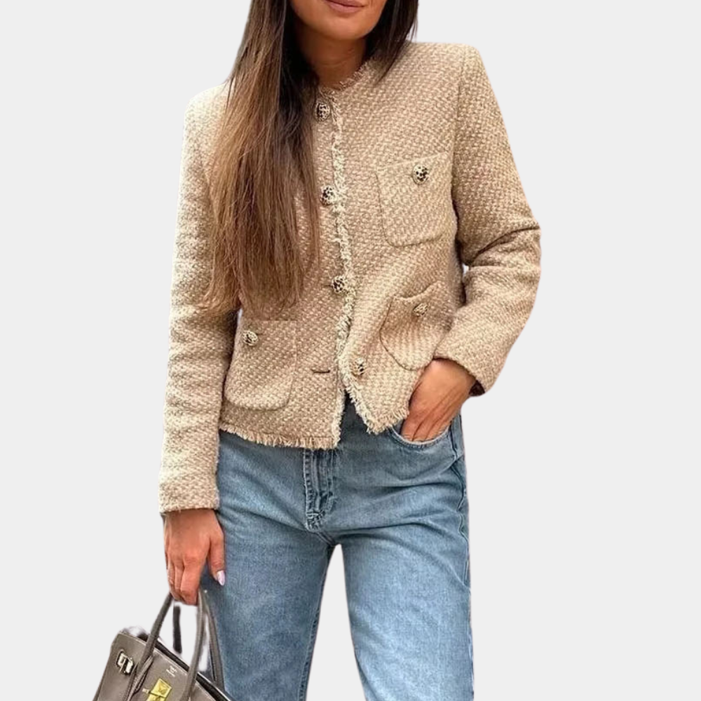 Women’s Tweed Jacket – Tailored Fit – Front Pockets – Frayed Hem – Long Sleeve
