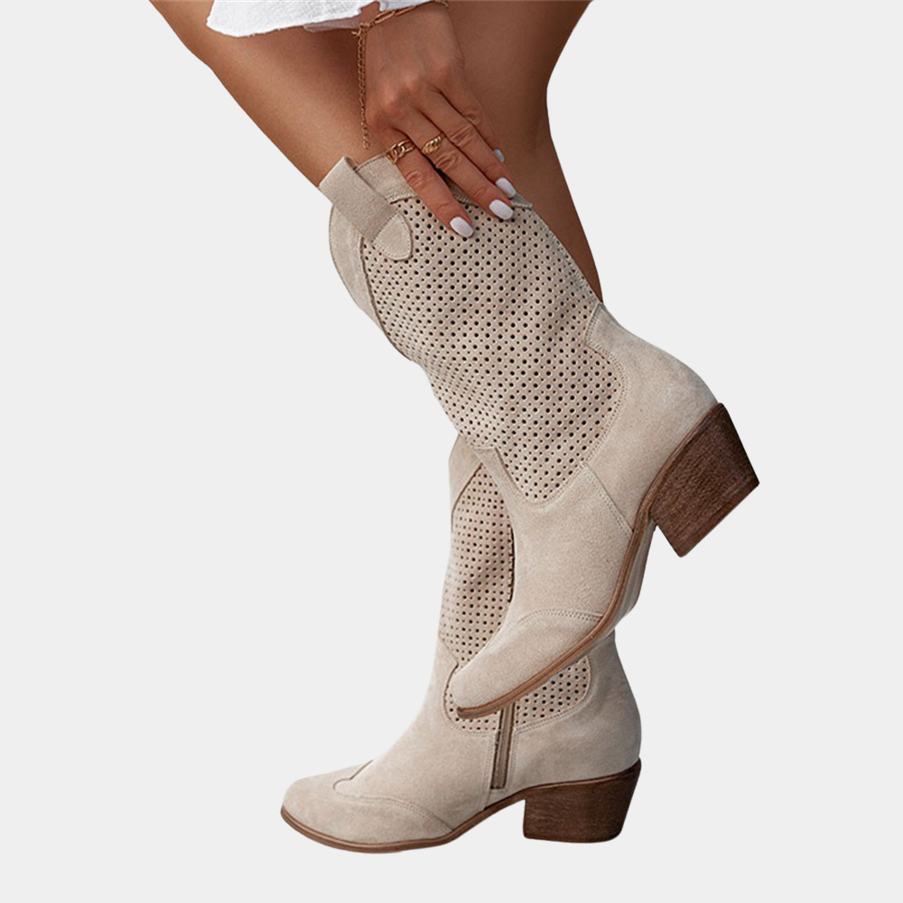 Women’s Cowboy Boots - Leather Upper - Perforated Shaft - Pointed Toe - Block Heel