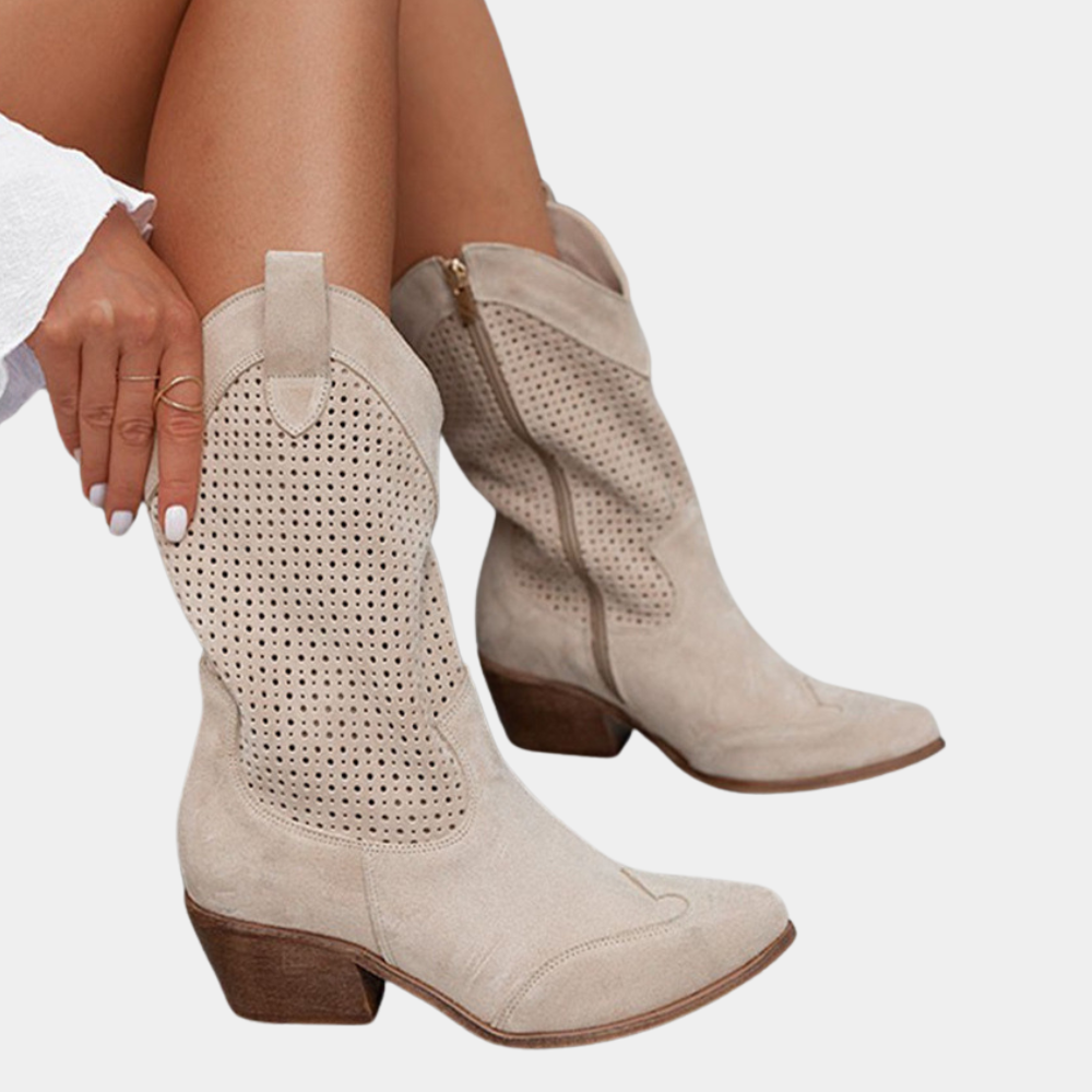 Women’s Cowboy Boots - Leather Upper - Perforated Shaft - Pointed Toe - Block Heel