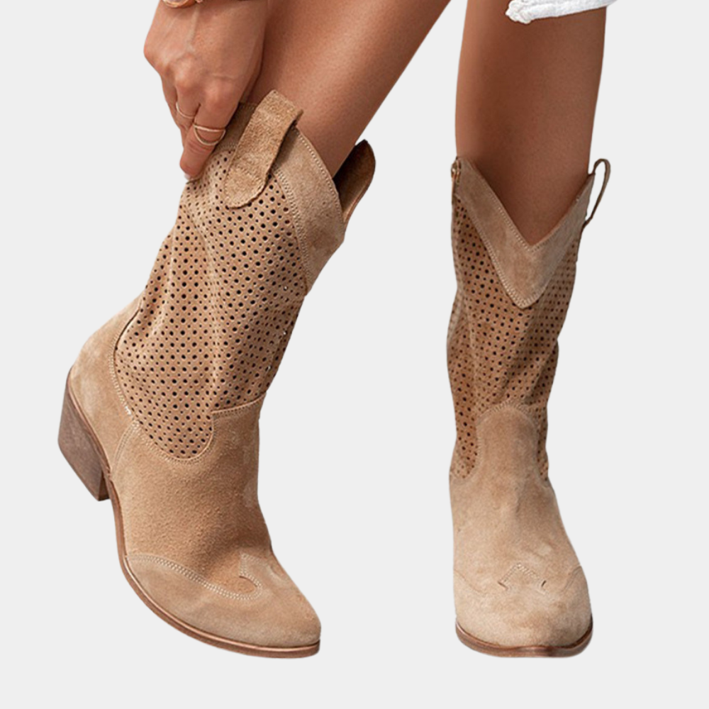 Women’s Cowboy Boots - Leather Upper - Perforated Shaft - Pointed Toe - Block Heel