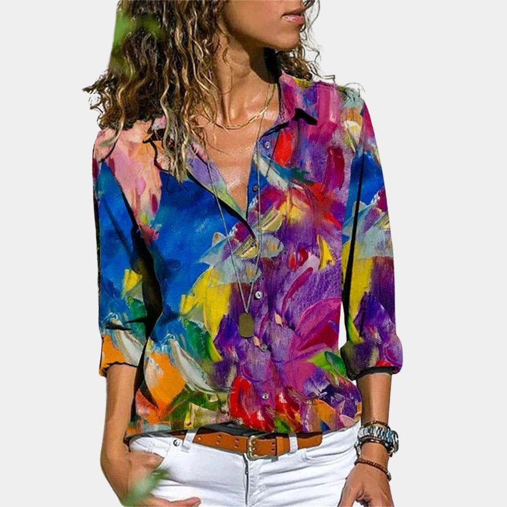 Women's Blouse - Abstract Print - Classic Collar - Roll-Up Sleeves - Relaxed Fit