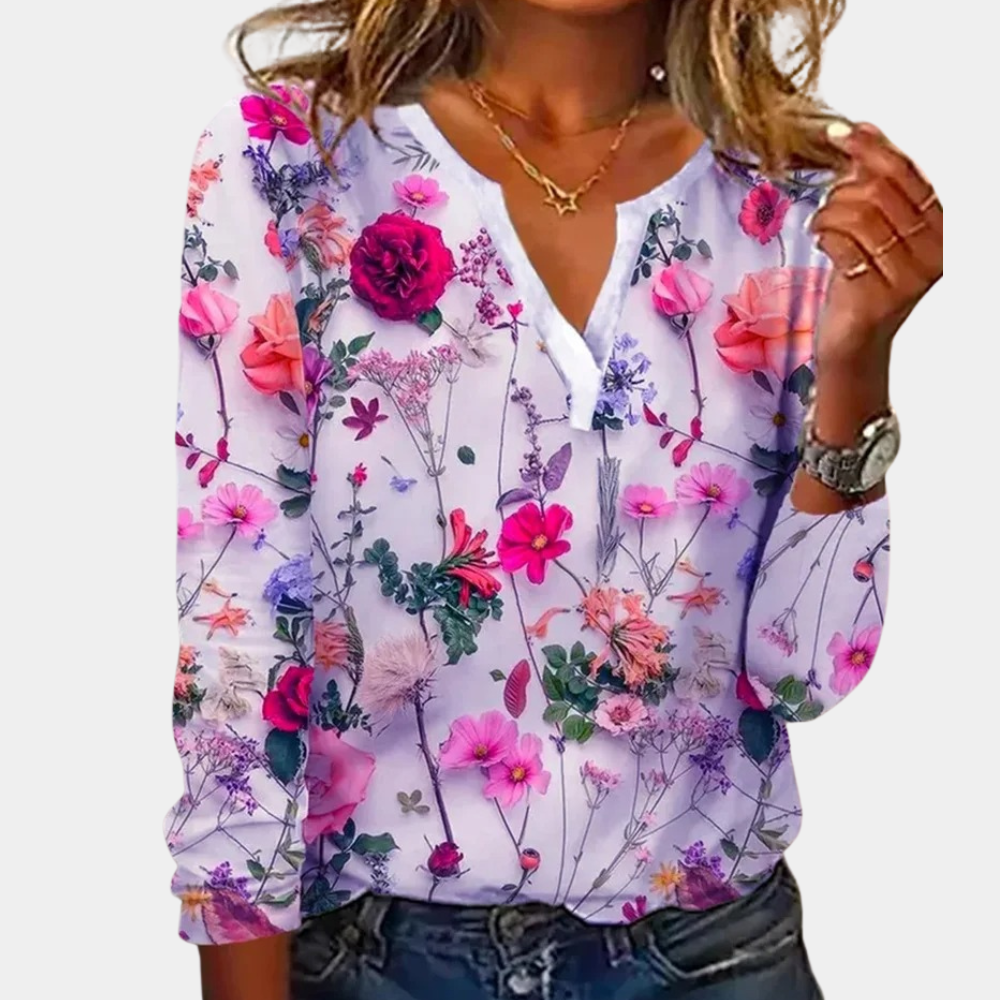 Women's Blouse - V-Neck - Long Sleeve - Lightweight Floral Print Casual Wear