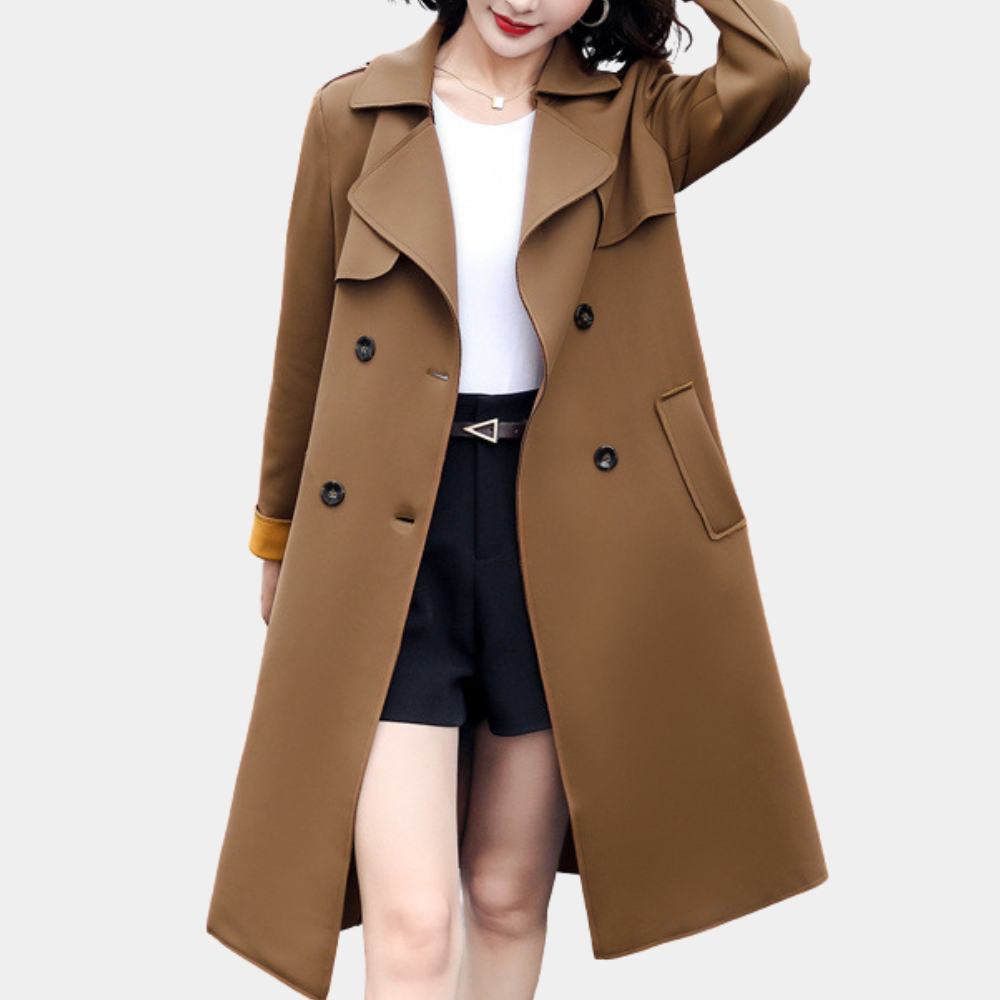 Women’s Trench Coat - Knee Length - Double Breasted - Belted Waist - Storm Flap Design