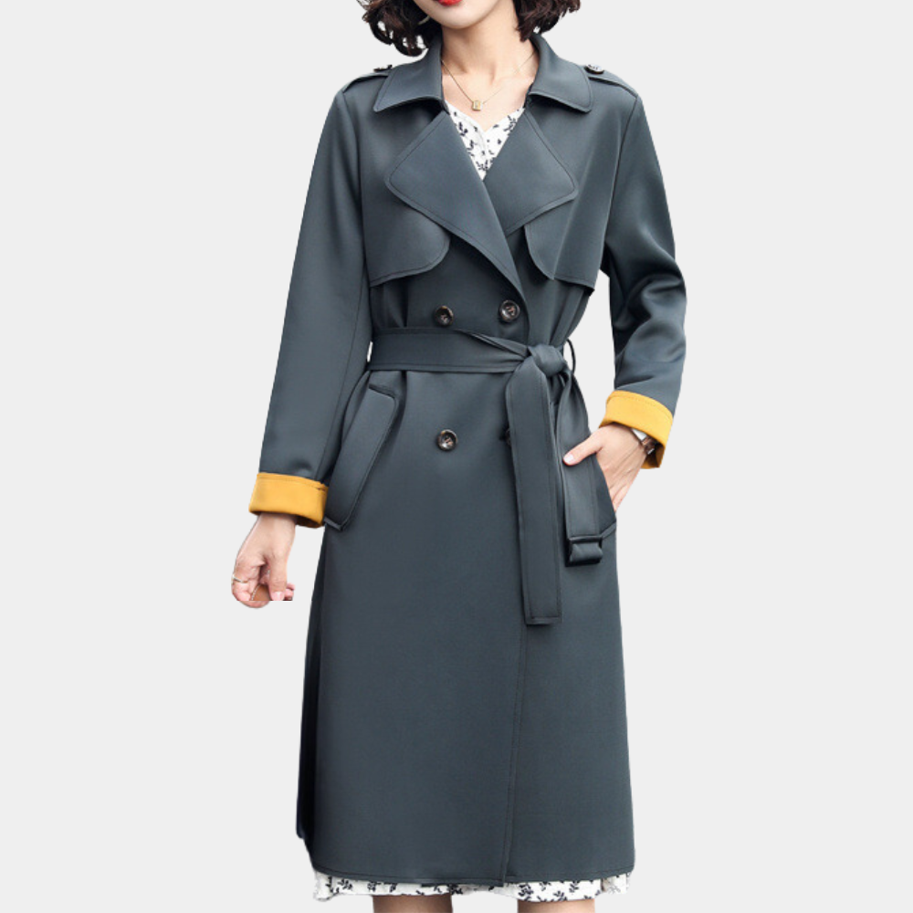 Women’s Trench Coat - Knee Length - Double Breasted - Belted Waist - Storm Flap Design