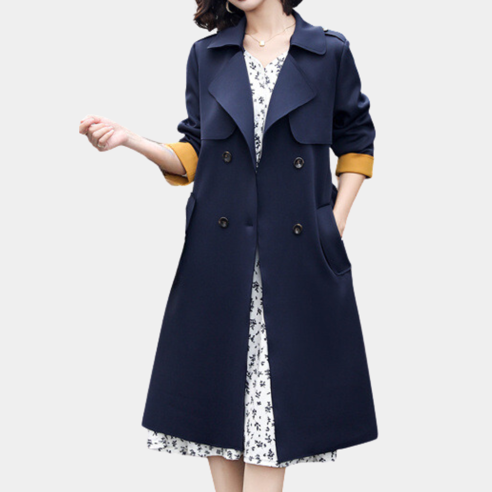 Women’s Trench Coat - Knee Length - Double Breasted - Belted Waist - Storm Flap Design