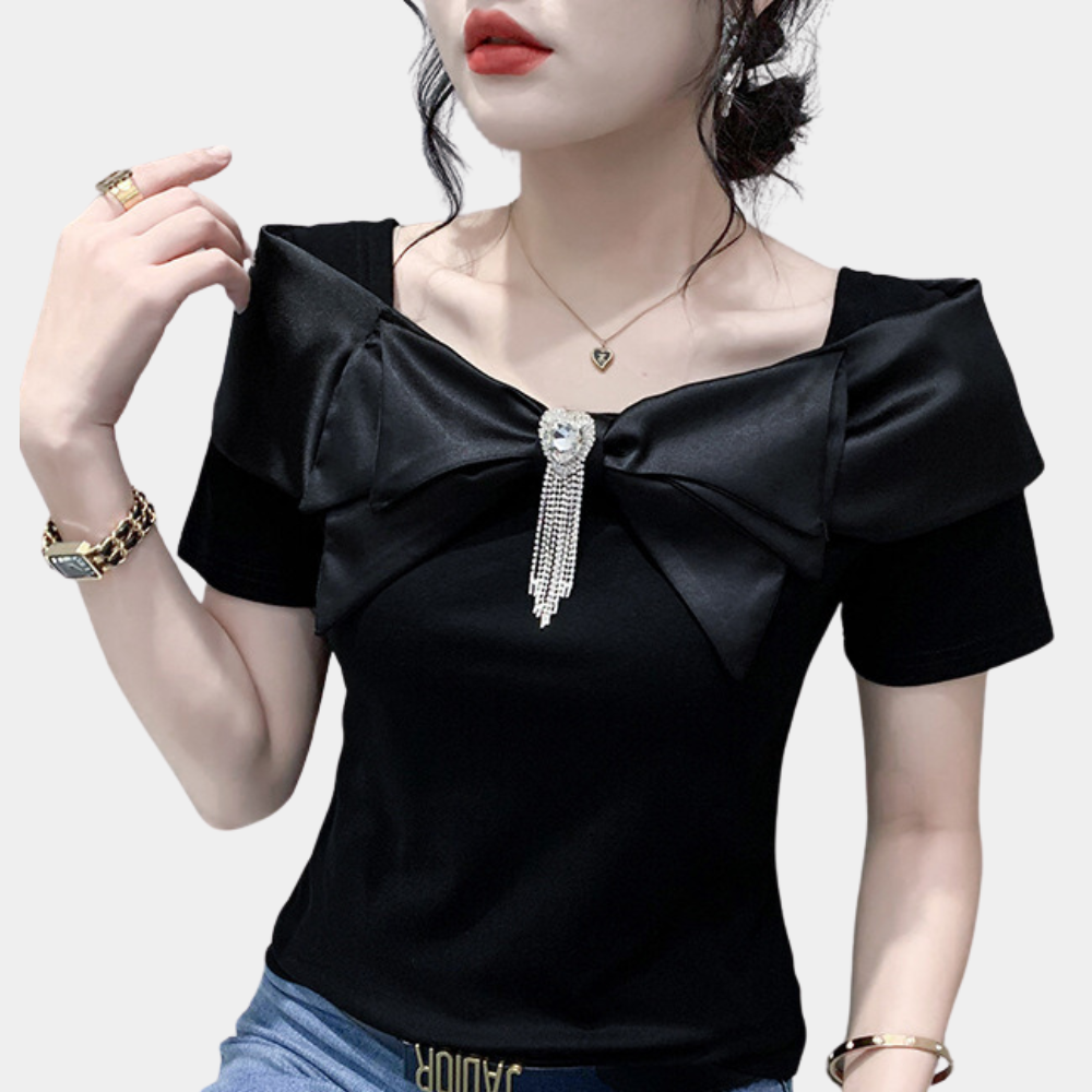 Women's Off-Shoulder Top - Fitted Silhouette - Oversized Bow Detail - Short Sleeve Elegant Design