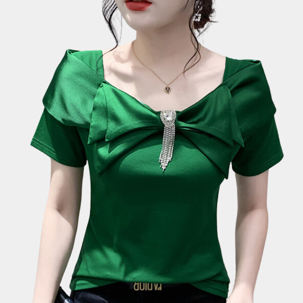 Women's Off-Shoulder Top - Fitted Silhouette - Oversized Bow Detail - Short Sleeve Elegant Design