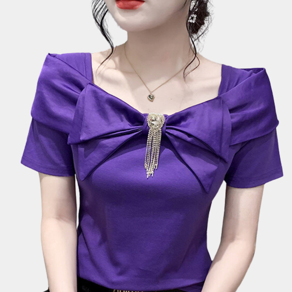 Women's Off-Shoulder Top - Fitted Silhouette - Oversized Bow Detail - Short Sleeve Elegant Design