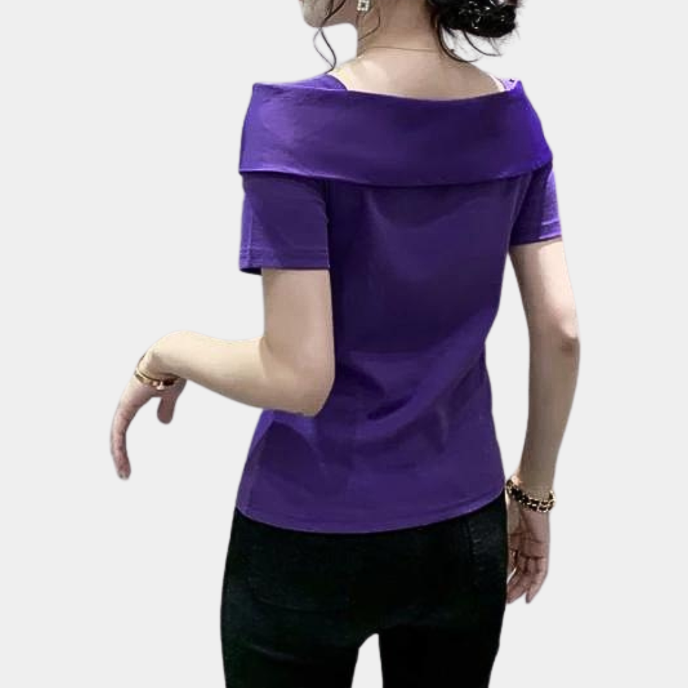 Women's Off-Shoulder Top - Fitted Silhouette - Oversized Bow Detail - Short Sleeve Elegant Design